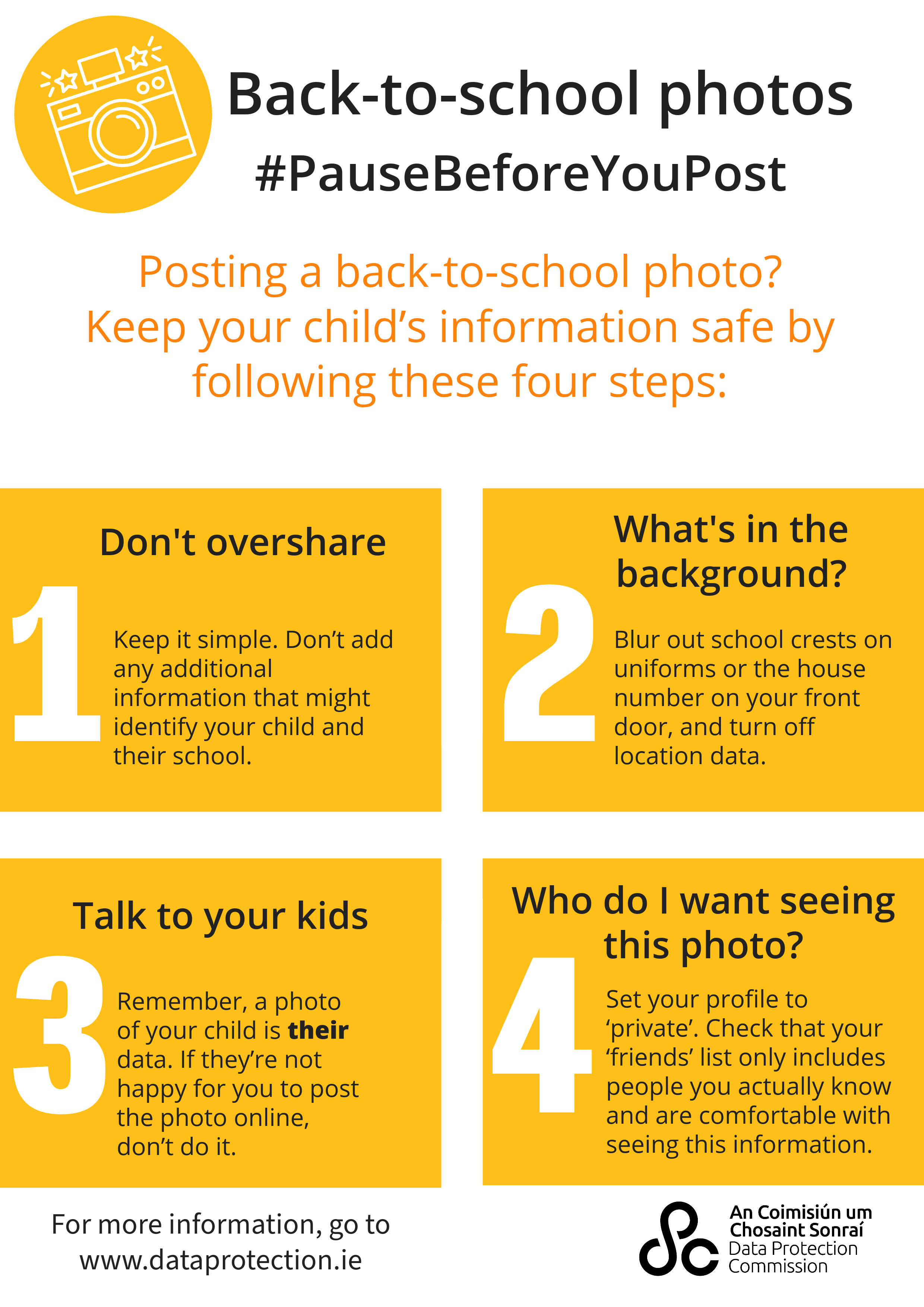 infographic with a graphic of a camera on the top left corner with the heading 'Back-to-school photos. Pause before you post'. Underneath this is the words, 'posting a back-to-school photo? Keep your child's information safe by following these four steps:' Below this are four steps. 1 - don't overshare. Keep it simple. Don't add any additional information that might identify your child and their school. Step 2, What's in the background? Blur out school crests on uniforms or the house number on your front door, and turn off location data? Step 3, Talk to your kids. Remember, a photo of your child is their data. If they're not happy for you to post the photo online, don't do it. Step 4, who do I want seeing this photo? Set your profile to 'private'. Check that your 'friends' list only includes people you actually know and are comfortable with seeing this information. At the bottom, it says 'for more information, go to www.dataprotection.ie and the DPC logo.