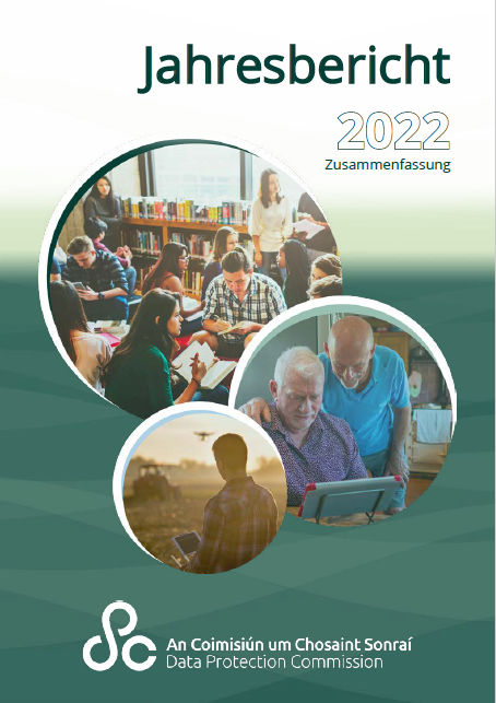 Front page of the Annual Report 2022 in German. It says 'Jahresbericht 2022' at the top and has three circular images with different members of the public. The Data protection logo is running across the bottom.
