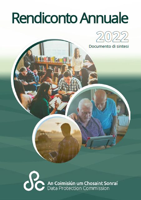 Front page of the Annual Report 2022 in Italian. It says 'Rendiconto Annuale 2022' at the top and has three circular images with different members of the public. The Data protection logo is running across the bottom.