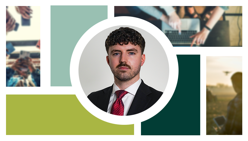A collage of pictures depicting technology and data uses, with a photo of Seán Duffy in the centre image. 