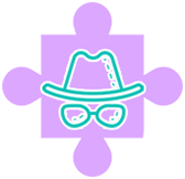 This image shows a puzzle piece with the icon of a hat and glasses