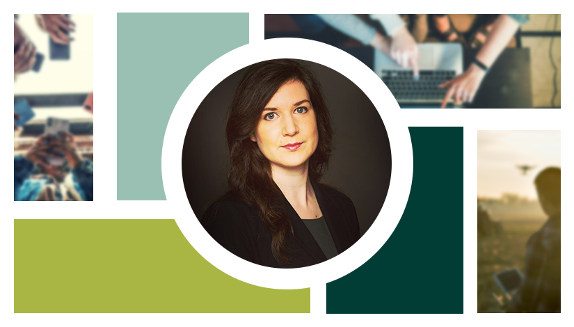 A collage of pictures depicting technology and data uses, with a woman in the centre image. She is wearing a black suit and has long brown hair.