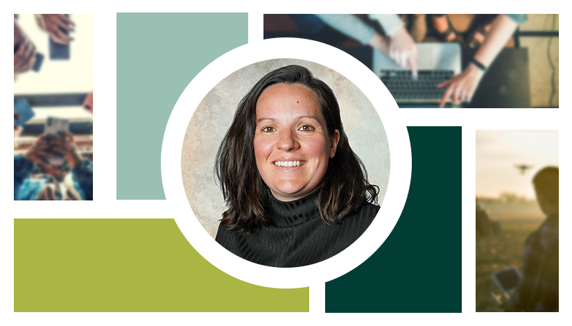 A collage of pictures depicting technology and data uses, with Morgane Nerrou in the centre image.